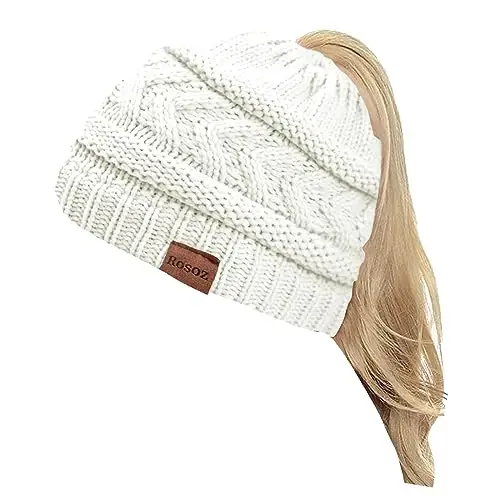 Rosoz 2 Pack Ponytail Beanie for Women,Winter Warm Beanie Tail Soft Stretch Cable Knit Messy High Bun Hat 