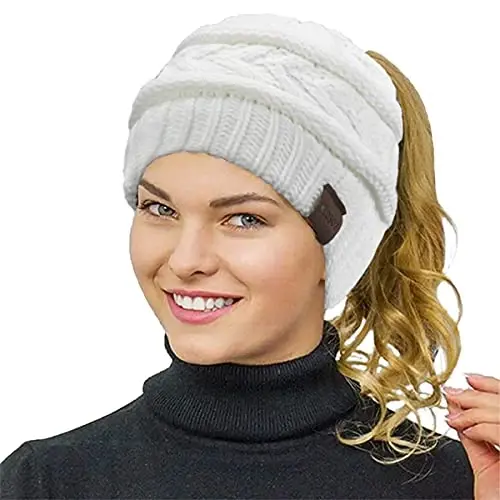 Rosoz 2 Pack Ponytail Beanie for Women,Winter Warm Beanie Tail Soft Stretch Cable Knit Messy High Bun Hat - ROSOZ (1)