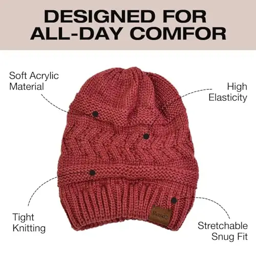 Rosoz 2 Pack Ponytail Beanie for Women,Winter Warm Beanie Tail Soft Stretch Cable Knit Messy High Bun Hat - 4