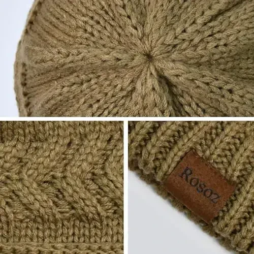 Rosoz 2 Pack Ponytail Beanie for Women,Winter Warm Beanie Tail Soft Stretch Cable Knit Messy High Bun Hat - 3