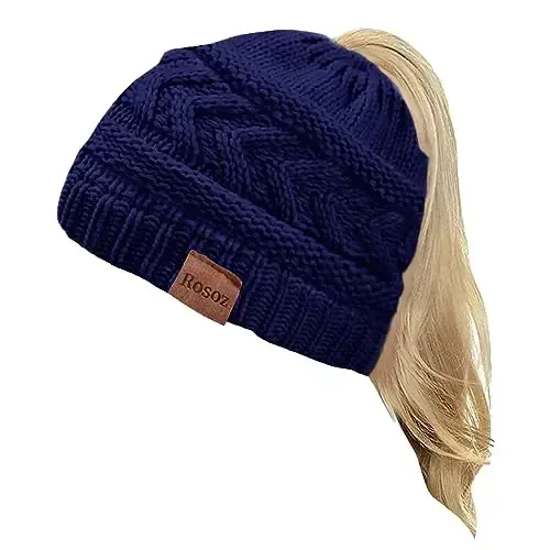 Rosoz 2 Pack Ponytail Beanie for Women,Winter Warm Beanie Tail Soft Stretch Cable Knit Messy High Bun Hat - 1