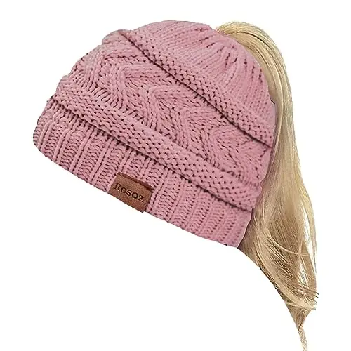 Rosoz 2 Pack Ponytail Beanie for Women,Winter Warm Beanie Tail Soft Stretch Cable Knit Messy High Bun Hat - 1