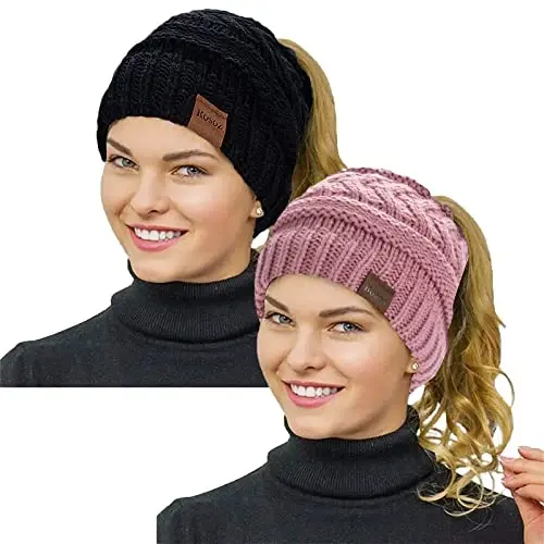Rosoz 2 Pack Ponytail Beanie for Women,Winter Warm Beanie Tail Soft Stretch Cable Knit Messy High Bun Hat 
