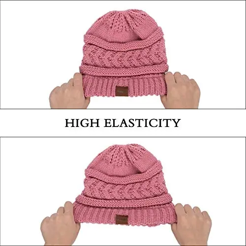 Rosoz 2 Pack Ponytail Beanie for Women,Winter Warm Beanie Tail Soft Stretch Cable Knit Messy High Bun Hat - 6