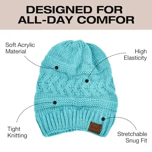 Rosoz 2 Pack Ponytail Beanie for Women,Winter Warm Beanie Tail Soft Stretch Cable Knit Messy High Bun Hat - 4