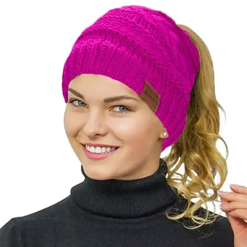 Rosoz 2 Pack Ponytail Beanie for Women,Winter Warm Beanie Tail Soft Stretch Cable Knit Messy High Bun Hat - 2
