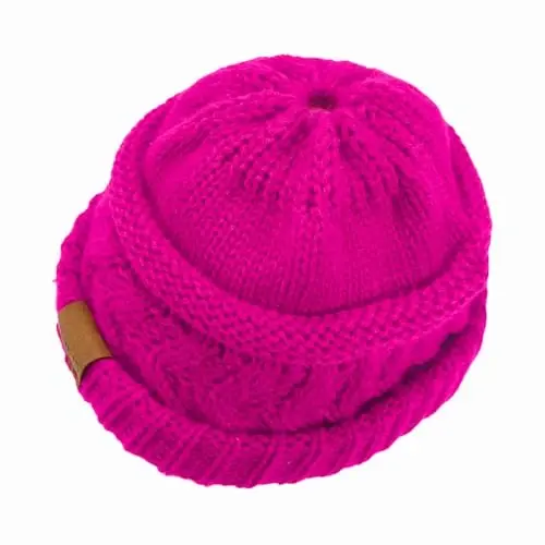 Rosoz 2 Pack Ponytail Beanie for Women,Winter Warm Beanie Tail Soft Stretch Cable Knit Messy High Bun Hat - 3