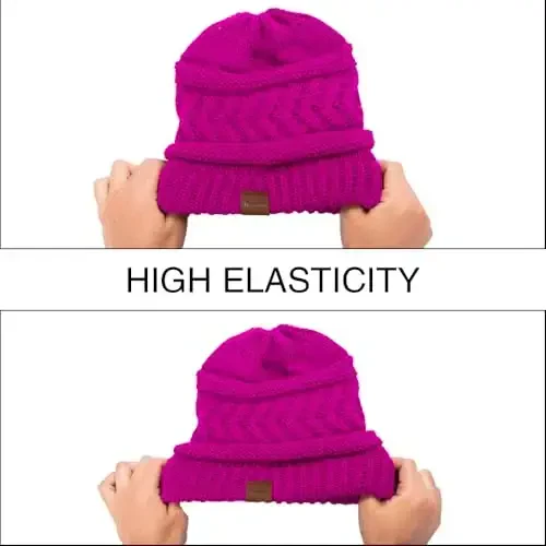 Rosoz 2 Pack Ponytail Beanie for Women,Winter Warm Beanie Tail Soft Stretch Cable Knit Messy High Bun Hat - 6