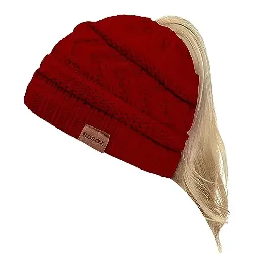 Rosoz 2 Pack Ponytail Beanie for Women,Winter Warm Beanie Tail Soft Stretch Cable Knit Messy High Bun Hat 