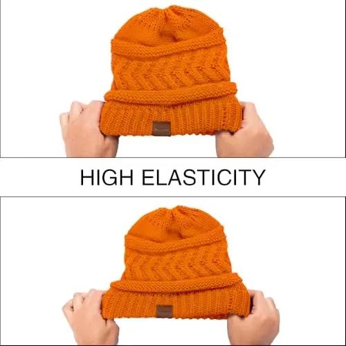 Rosoz 2 Pack Ponytail Beanie for Women,Winter Warm Beanie Tail Soft Stretch Cable Knit Messy High Bun Hat - 7