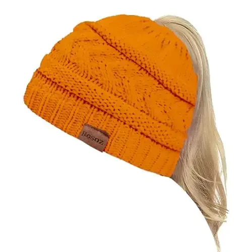 Rosoz 2 Pack Ponytail Beanie for Women,Winter Warm Beanie Tail Soft Stretch Cable Knit Messy High Bun Hat - ROSOZ