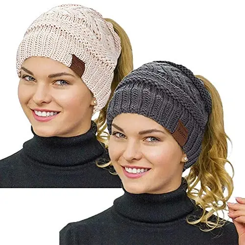 Rosoz 2 Pack Ponytail Beanie for Women,Winter Warm Beanie Tail Soft Stretch Cable Knit Messy High Bun Hat - 1