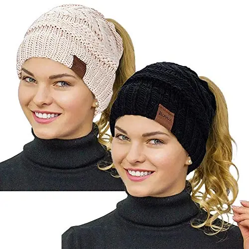 Rosoz 2 Pack Ponytail Beanie for Women,Winter Warm Beanie Tail Soft Stretch Cable Knit Messy High Bun Hat - 1