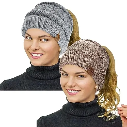 Rosoz 2 Pack Ponytail Beanie for Women,Winter Warm Beanie Tail Soft Stretch Cable Knit Messy High Bun Hat - 1