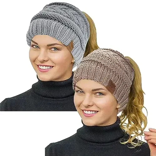 Rosoz 2 Pack Ponytail Beanie for Women,Winter Warm Beanie Tail Soft Stretch Cable Knit Messy High Bun Hat - ROSOZ