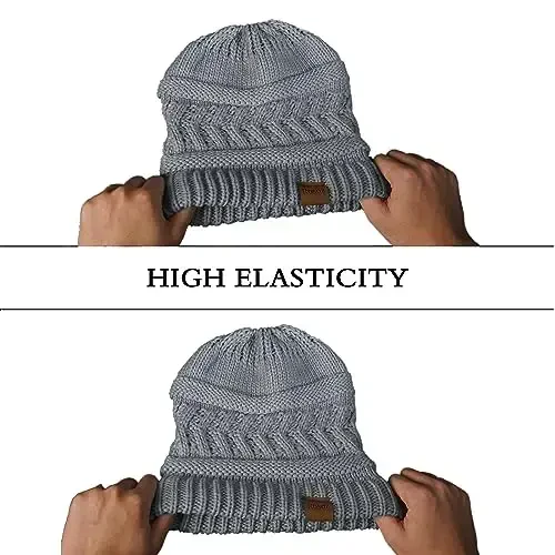 Rosoz 2 Pack Ponytail Beanie for Women,Winter Warm Beanie Tail Soft Stretch Cable Knit Messy High Bun Hat - 6