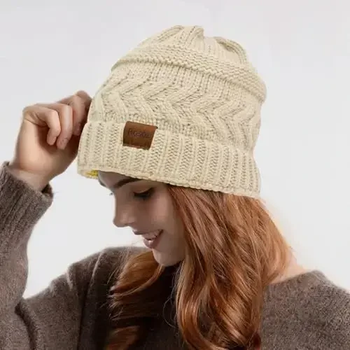 Rosoz 2 Pack Ponytail Beanie for Women,Winter Warm Beanie Tail Soft Stretch Cable Knit Messy High Bun Hat - 6