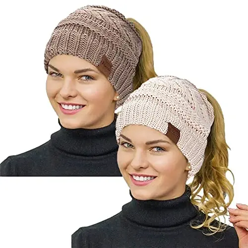 Rosoz 2 Pack Ponytail Beanie for Women,Winter Warm Beanie Tail Soft Stretch Cable Knit Messy High Bun Hat - ROSOZ