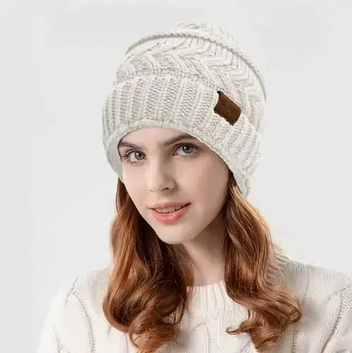 Rosoz 2 Pack Ponytail Beanie for Women,Winter Warm Beanie Tail Soft Stretch Cable Knit Messy High Bun Hat - 2