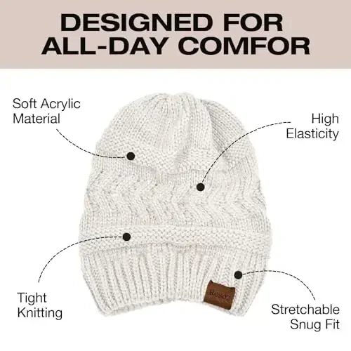 Rosoz 2 Pack Ponytail Beanie for Women,Winter Warm Beanie Tail Soft Stretch Cable Knit Messy High Bun Hat - 4
