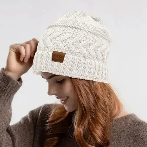 Rosoz 2 Pack Ponytail Beanie for Women,Winter Warm Beanie Tail Soft Stretch Cable Knit Messy High Bun Hat - 6