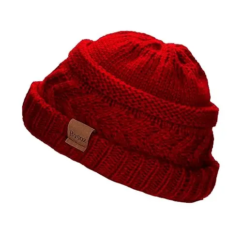 Rosoz 2 Pack Ponytail Beanie for Women,Winter Warm Beanie Tail Soft Stretch Cable Knit Messy High Bun Hat - 6