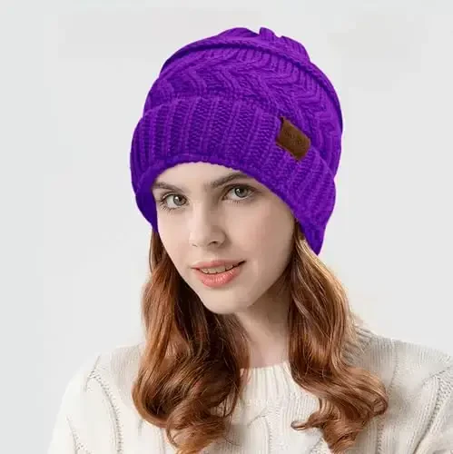 Rosoz 2 Pack Ponytail Beanie for Women,Winter Warm Beanie Tail Soft Stretch Cable Knit Messy High Bun Hat - 2