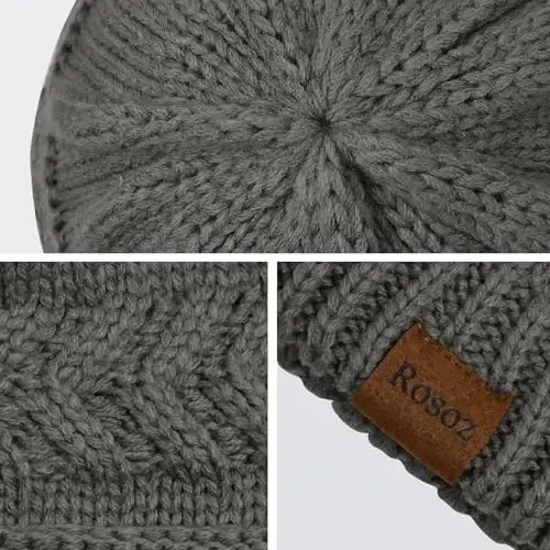 Rosoz 2 Pack Ponytail Beanie for Women,Winter Warm Beanie Tail Soft Stretch Cable Knit Messy High Bun Hat - 3