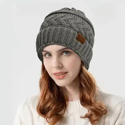 Rosoz 2 Pack Ponytail Beanie for Women,Winter Warm Beanie Tail Soft Stretch Cable Knit Messy High Bun Hat - 2