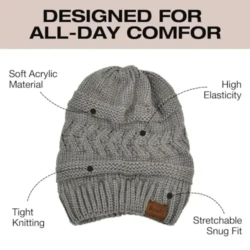 Rosoz 2 Pack Ponytail Beanie for Women,Winter Warm Beanie Tail Soft Stretch Cable Knit Messy High Bun Hat - 4