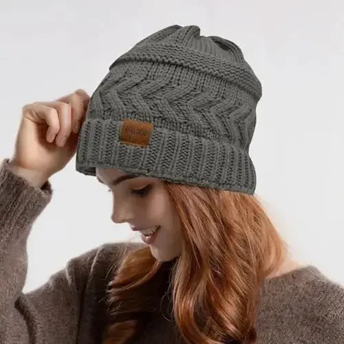 Rosoz 2 Pack Ponytail Beanie for Women,Winter Warm Beanie Tail Soft Stretch Cable Knit Messy High Bun Hat - 6