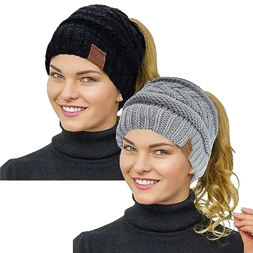 Rosoz 2 Pack Ponytail Beanie for Women,Winter Warm Beanie Tail Soft Stretch Cable Knit Messy High Bun Hat - ROSOZ
