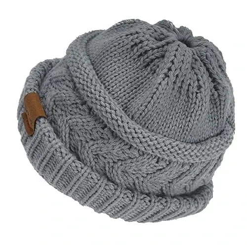 Rosoz 2 Pack Ponytail Beanie for Women,Winter Warm Beanie Tail Soft Stretch Cable Knit Messy High Bun Hat - 3