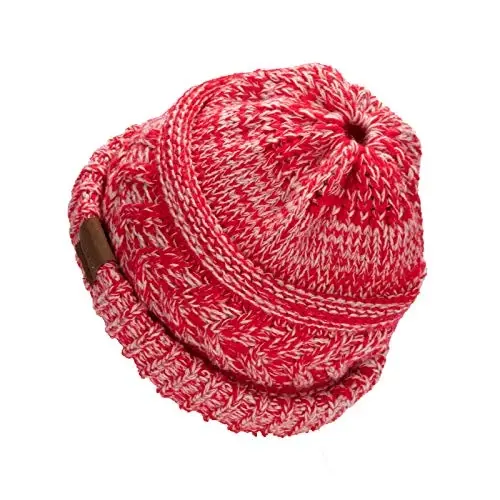 Rosoz 2 Pack Ponytail Beanie for Women,Winter Warm Beanie Tail Soft Stretch Cable Knit Messy High Bun Hat - 3