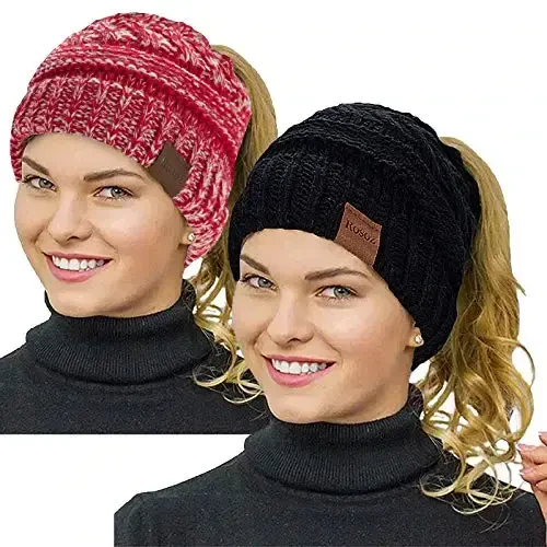 Rosoz 2 Pack Ponytail Beanie for Women,Winter Warm Beanie Tail Soft Stretch Cable Knit Messy High Bun Hat - 1