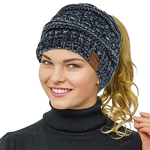 Rosoz 2 Pack Ponytail Beanie for Women,Winter Warm Beanie Tail Soft Stretch Cable Knit Messy High Bun Hat - 2