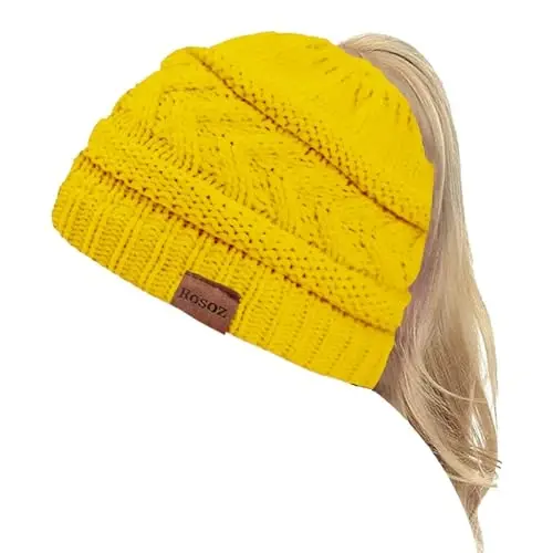 Rosoz 2 Pack Ponytail Beanie for Women,Winter Warm Beanie Tail Soft Stretch Cable Knit Messy High Bun Hat - 1