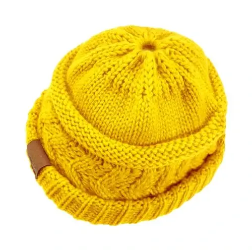 Rosoz 2 Pack Ponytail Beanie for Women,Winter Warm Beanie Tail Soft Stretch Cable Knit Messy High Bun Hat - 3