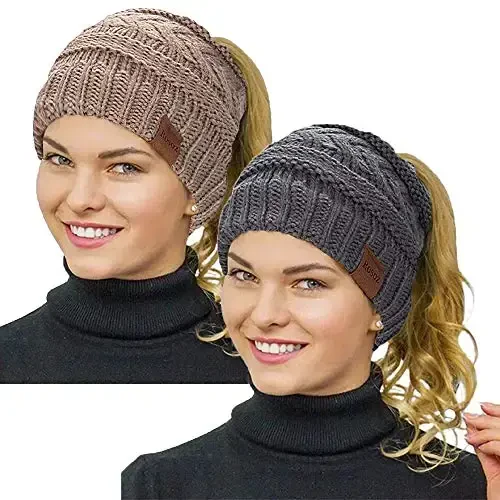 Rosoz 2 Pack Ponytail Beanie for Women,Winter Warm Beanie Tail Soft Stretch Cable Knit Messy High Bun Hat - 1