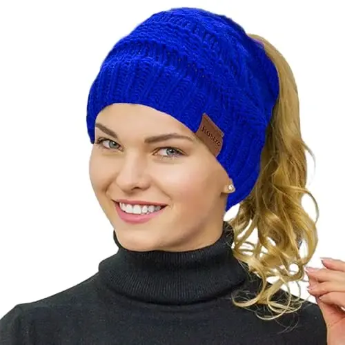 Rosoz 2 Pack Ponytail Beanie for Women,Winter Warm Beanie Tail Soft Stretch Cable Knit Messy High Bun Hat - Rosoz (1)