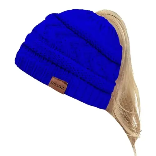 Rosoz 2 Pack Ponytail Beanie for Women,Winter Warm Beanie Tail Soft Stretch Cable Knit Messy High Bun Hat - 1