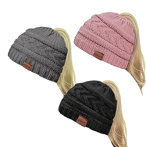 Rosoz 2 Pack Ponytail Beanie for Women,Winter Warm Beanie Tail Soft Stretch Cable Knit Messy High Bun Hat - 1