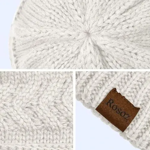 Rosoz 2 Pack Ponytail Beanie for Women,Winter Warm Beanie Tail Soft Stretch Cable Knit Messy High Bun Hat - 3