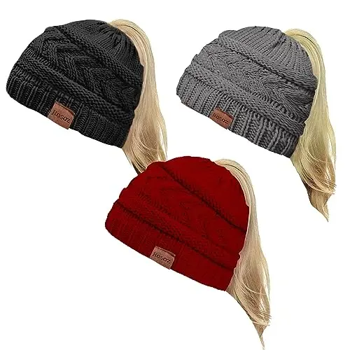 Rosoz 2 Pack Ponytail Beanie for Women,Winter Warm Beanie Tail Soft Stretch Cable Knit Messy High Bun Hat 