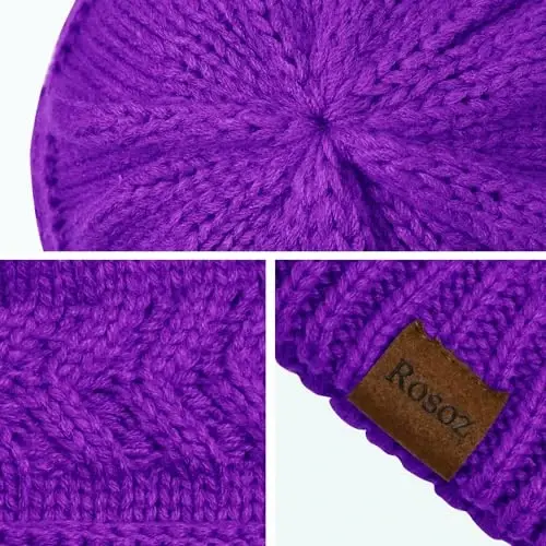 Rosoz 2 Pack Ponytail Beanie for Women,Winter Warm Beanie Tail Soft Stretch Cable Knit Messy High Bun Hat - 3