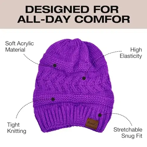 Rosoz 2 Pack Ponytail Beanie for Women,Winter Warm Beanie Tail Soft Stretch Cable Knit Messy High Bun Hat - 4