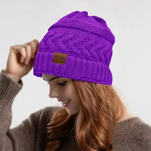 Rosoz 2 Pack Ponytail Beanie for Women,Winter Warm Beanie Tail Soft Stretch Cable Knit Messy High Bun Hat - 6