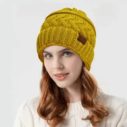 Rosoz 2 Pack Ponytail Beanie for Women,Winter Warm Beanie Tail Soft Stretch Cable Knit Messy High Bun Hat - 2