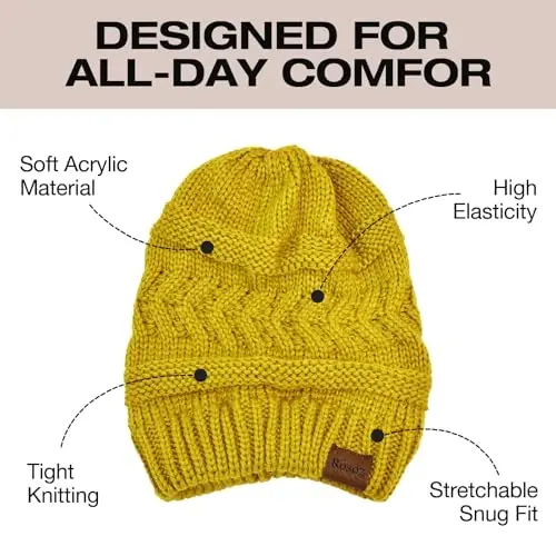 Rosoz 2 Pack Ponytail Beanie for Women,Winter Warm Beanie Tail Soft Stretch Cable Knit Messy High Bun Hat - 4