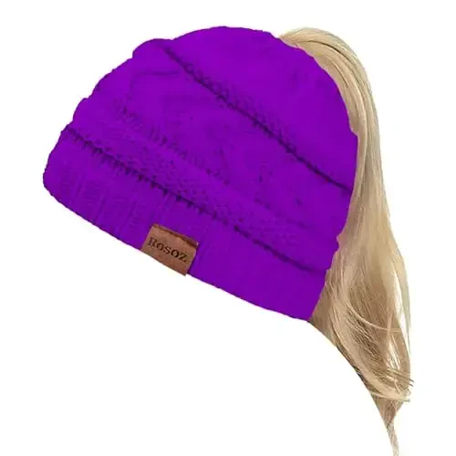 Rosoz 2 Pack Ponytail Beanie for Women,Winter Warm Beanie Tail Soft Stretch Cable Knit Messy High Bun Hat - 1